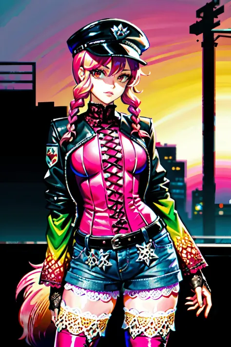 (best quality:2.0), (crisp:2.0), (highres:2.0), (((a rich yellow and pink gradient wolf tail:2.0))), anime, full body:2.0, (single image), (solo beautiful lady:2.0), (masterpiece:2.0), (detailed face:2.0), (detailed eyes:1.4), ((denim shorts:2.0)), ((thick...