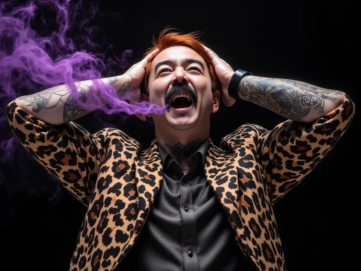 middle-aged man, Tattoo, Asian people, 30 years old,  red hair, Black mustache ,  short mustache , wearing a leopard print suit, Raise your hands, hold your head, Open your mouth, shout, Purple smoke drifts out of the mouth,  Realistic, black background, m...