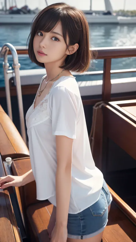 Highest quality, ultra highres, ultra-detailed skin, Physically Based Rendering, flat chest, ,  down blouse that shifts the chest,(   Japanese girl on a ferris boat ,  from side to top,  Overlap Shirts, small breasts,  rich ), Detailed bra decorated with  ...