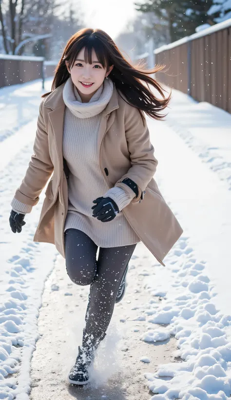 A young Japanese woman, full of energy and joy, runs and jumps along a snow-covered path, her movements light and effortless. She wears a stylish winter coat, a cozy knit scarf, and warm gloves, perfectly suited for the chilly weather. As she leaps over a ...