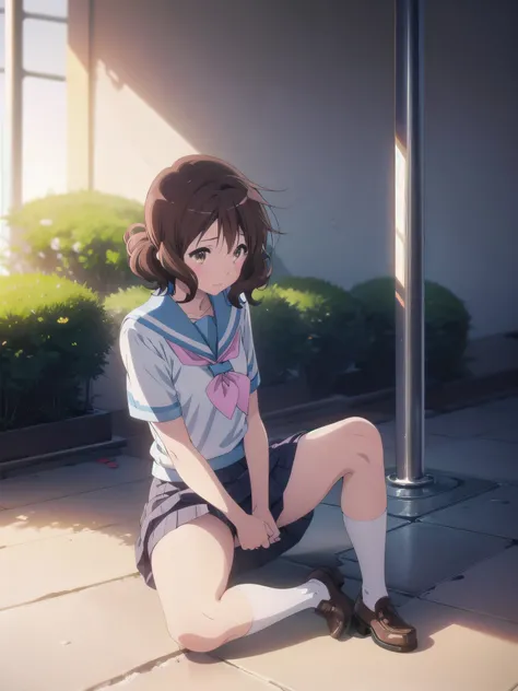 (realistic, photo realistic:1.2), ((Highest quality)),  shift center of gravity backwards,  Quite embarrassing , you_Kumiko_Euphonium Sound, brown_hair, short_hair, brown_eye, , Seraphim, 前hair,  bloomers,  gym clothes,  Sports Boots , (sits on the ground:...