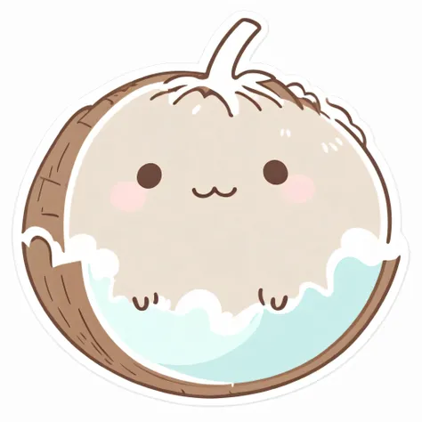 A kawaii coconut in pastel colors, with a round, chubby shape. It has a soft brown outer shell and a slightly open top revealing white coconut flesh inside. The coconut has a cute, sleepy smile with big, twinkling eyes and a warm, friendly expression. The ...