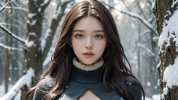 1 Female medium length brown hair,  blue eyes, black sweater, (Standing), (big boobs:1.3), medium-length hair, brown hair,  blue eyes,,, upper body, (Dynamic:1.2), realistic, hair, snowy,  detailed face taster,  winter, green trees, sunlight earth