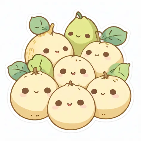 A kawaii cluster of lanzones fruits with a soft, pastel beige-yellow color. Each small, round fruit has a tiny, smiling face with big, adorable eyes. The cluster is connected by a short green stem, and the design has a cozy, hand-drawn feel with soft paste...