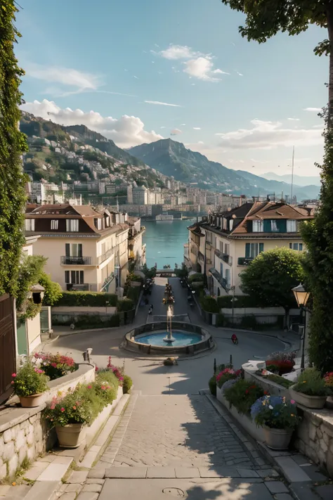 

### **Scene Description for Ruelle du Lac, Montreux:**
1. **Setting**:  
   - A charming, narrow street winding toward Lake Geneva (Lac Léman), flanked by pastel-colored Belle Époque buildings with wrought-iron balconies spilling over with red geraniums....