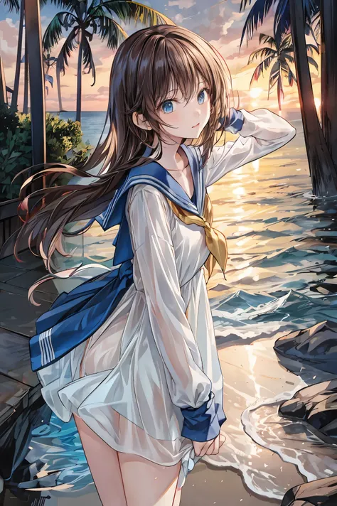 like an idol , long hair , straight hair , round face ,bust up ,  sailor suit , as shown in the picture , Golden sand beach at sunset 