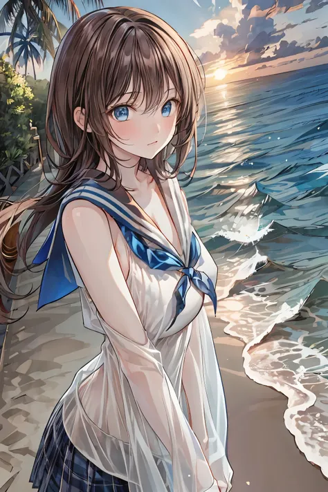 like an idol , long hair , straight hair , round face ,bust up ,  sailor suit , as shown in the picture , Golden sand beach at sunset 