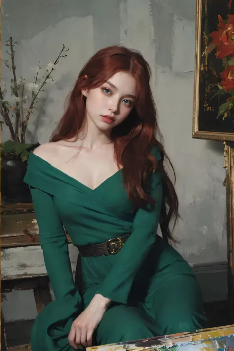 (oil painting:1.5),
\\
a woman with (red long curtly hair ), ((green eyes)) winter, peony, (amy sol:0.248), nude , with blue dress,  (stanley artgerm lau:0.106), (a detailed painting:0.353), (gothic art:0.106)