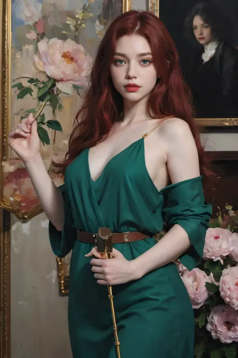 (oil painting:1.5),
\\
a woman with (red long curtly hair ), ((green eyes)) winter, peony, (amy sol:0.248), nude , with blue dress,  (stanley artgerm lau:0.106), (a detailed painting:0.353), (gothic art:0.106)