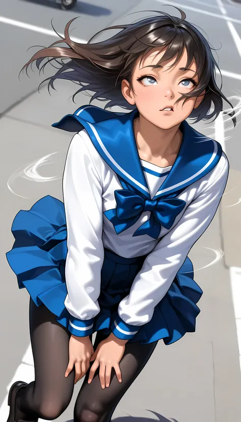 young woman being hit by strong winds, (masterpiece, Highest quality, pretty girl,  beautiful face, 8k, RAW photo, photorealistic), 10th Generation, sailor suit, pleated miniskirt, 80 denier black tights, loafers,  detailed skin, eyes, and face, long lashe...