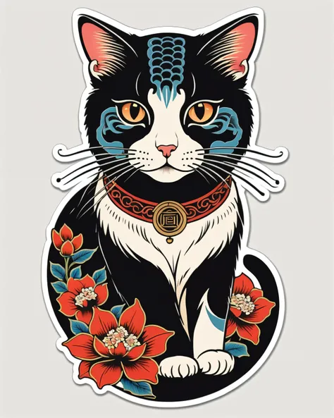 a traditional japanese tattoo design, a cat in neo japanese style, sticker art ,  