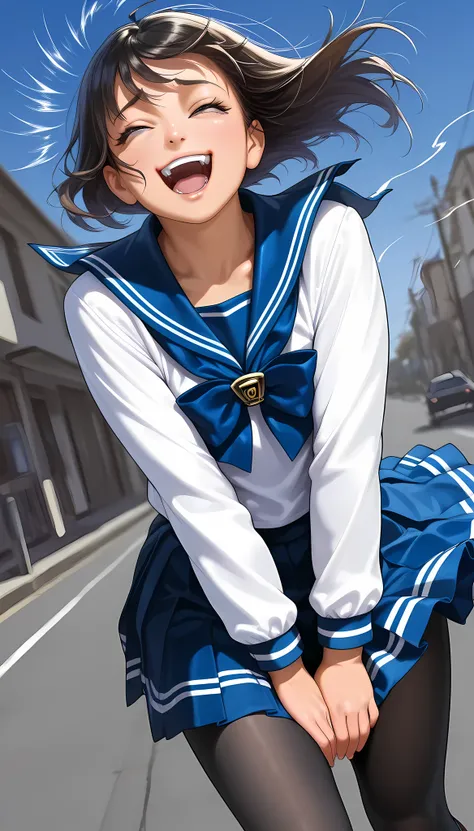 young woman being hit by strong winds, (masterpiece, Highest quality, pretty girl,  beautiful face, 8k, RAW photo, photorealistic), 10th Generation, sailor suit, pleated miniskirt, 80 denier black tights, loafers,  detailed skin, eyes, and face, long lashe...