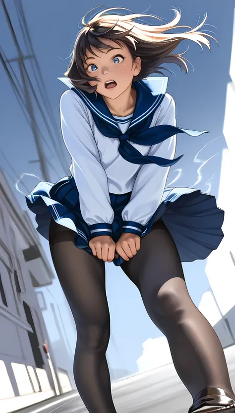 young woman being hit by strong winds, (masterpiece, Highest quality, pretty girl,  beautiful face, 8k, RAW photo, photorealistic), 10th Generation, sailor suit, pleated miniskirt, 80 denier black tights, loafers,  detailed skin, eyes, and face, long lashe...