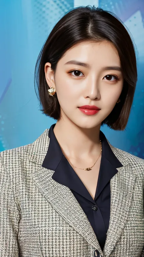 RAW Photos, High resolution, Very detailed, Intricate details, 、ear piercing、、short hair、  Black Hair、、 DARK EYESHADOW 、 Office Lady Suits 、 jacket、 shirt、Necklace around the neck、, The background is the office
