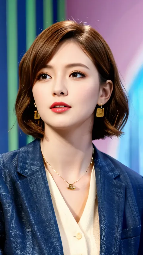 RAW Photos, High resolution, Very detailed, Intricate details, 、ear piercing、、short hair、 wavy hair、  pale brown hair、、 DARK EYESHADOW 、 Office Lady Suits 、 jacket、 shirt、Necklace around the neck、, The background is the office
