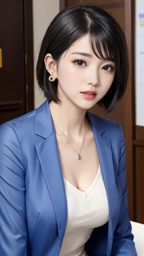 RAW Photos, High resolution, Very detailed, Intricate details, 、ear piercing、、short hair、  Black Hair、、 DARK EYESHADOW 、 Office Lady Suits 、 jacket、 shirt、Necklace around the neck、, The background is the office
