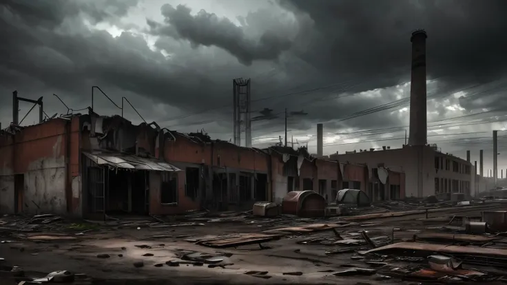 a depressed industrial ruins landscape, steel ruins and tents underneath, cloudy sky, detailed apocalyptic scenery, decrepit abandoned factories, rusted metal structures, broken windows, overcast dramatic lighting, moody atmosphere, 8K, ultra-detailed, pho...