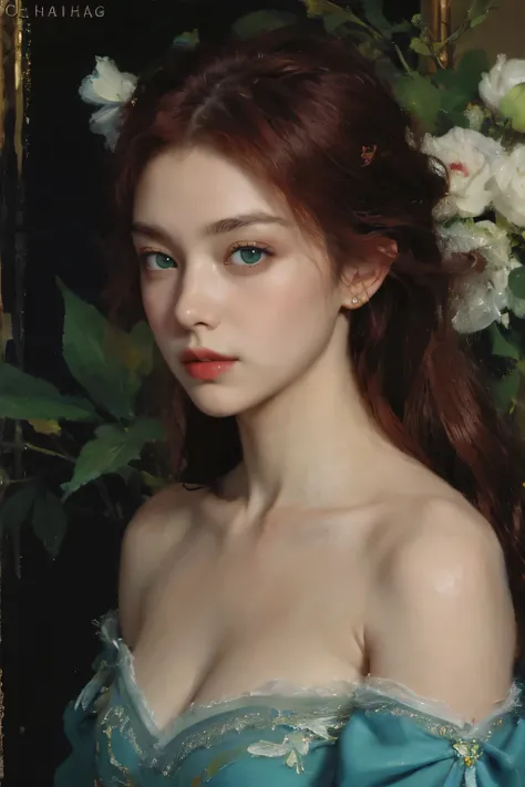 (oil painting:1.5),
\\
a woman with (red long curtly hair ), ((green eyes)) winter, peony, (amy sol:0.248), nude , with blue dress,  (stanley artgerm lau:0.106), (a detailed painting:0.353), (gothic art:0.106)