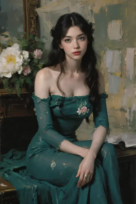 (oil painting:1.5),
\\
a woman with ( long curtly hair ), ((green eyes)) winter, peony, (amy sol:0.248), nude , with blue dress,  (stanley artgerm lau:0.106), (a detailed painting:0.353), (gothic art:0.106)