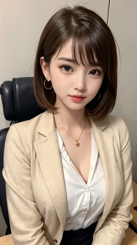 RAW Photos, High resolution, Very detailed, Intricate details, 、ear piercing、、short hair、   pale brown hair、、 DARK EYESHADOW 、 Office Lady Suits 、 jacket、 shirt、Necklace around the neck、, The background is the office
