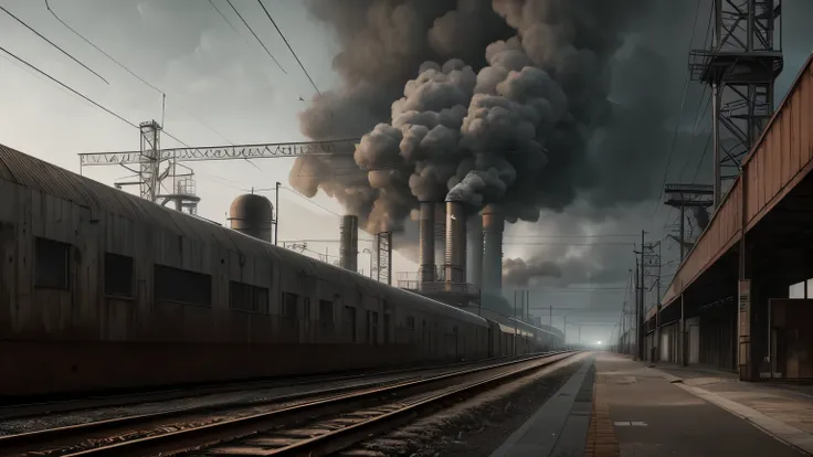 a city of industry and hard work, gas tower, old trainstation, industrial cityscape, rusting metal structures, steam vents, railway tracks, overcast sky, moody lighting, gritty urban environment, 4k, ultra-detailed, photorealistic, cinematic, dramatic ligh...