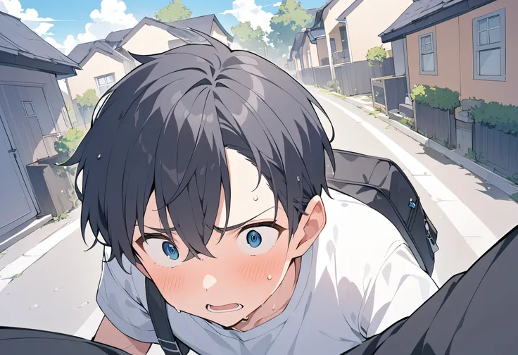 male middle school student、 male、One person、、 school uniform、white cutter shirt、Black trousers、 black hair、black bag 、Confused、sweat、coming out of mouth、 residential area、 front shot、 point of view