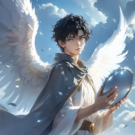 Her eyes are sharp, dark, and she doesn't have a beard、A young male angel looking straight at us in the world of light with black hair, a gray cloak, and a silver hand mirror with both hands pointing at us