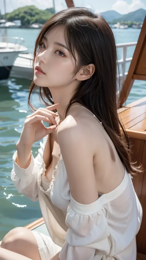 Highest quality, 8k,  RAW photos ,  reality, ultra high definition, Beautiful Skin, Physically Based Rendering, flat chest, Beautiful breasts,  down blouse that shifts the chest, (  Japanese girl on a ferris boat) ,  from side to top,  Overlap Shirts, smal...