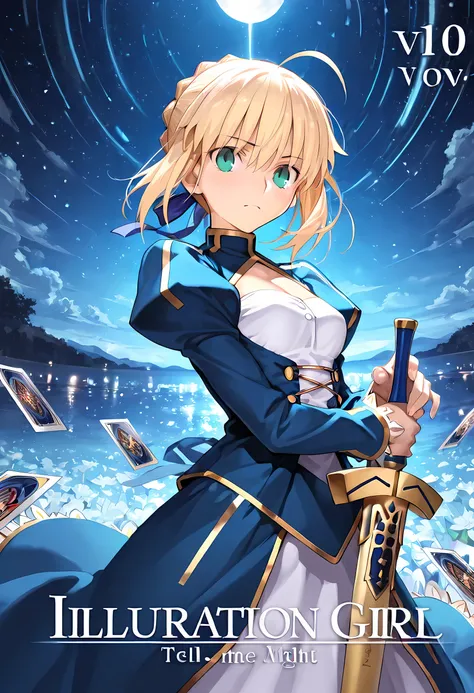   masterpiece,amazing quality,best quality,ultra-detailed,8k,illustration,CG, tell me about 1 beautiful girl , 1girl , Saber by Fate, beautiful night view with depth,Rare card style