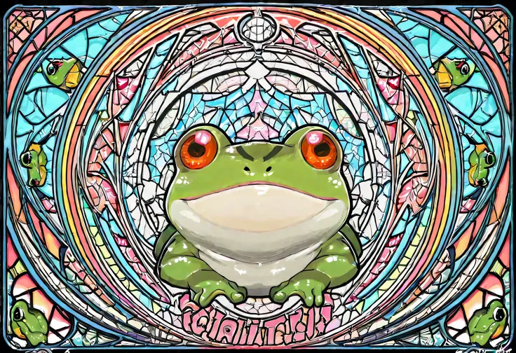 a close up of a Stained Glass window with a Frog on it, Stained Glass art, Stained Glass!!, Stained Glass style, Stained Glass window!!!!!, maxim verehin Stained Glass, Stained Glass, psychedelic Frog, Stained Glass, green Stained Glass, Frog themed, intri...