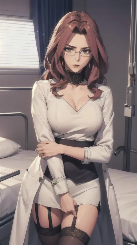 (((Strict look))),((white coat)),((How to wear a strict uniform)),((High-end hospital)),((luxury hospital bed)),(( round glasses)),((tight miniskirt)),,(((blouse))), ((embarrassing expression)),Ultra High Definition , mature woman, mature woman, very well ...