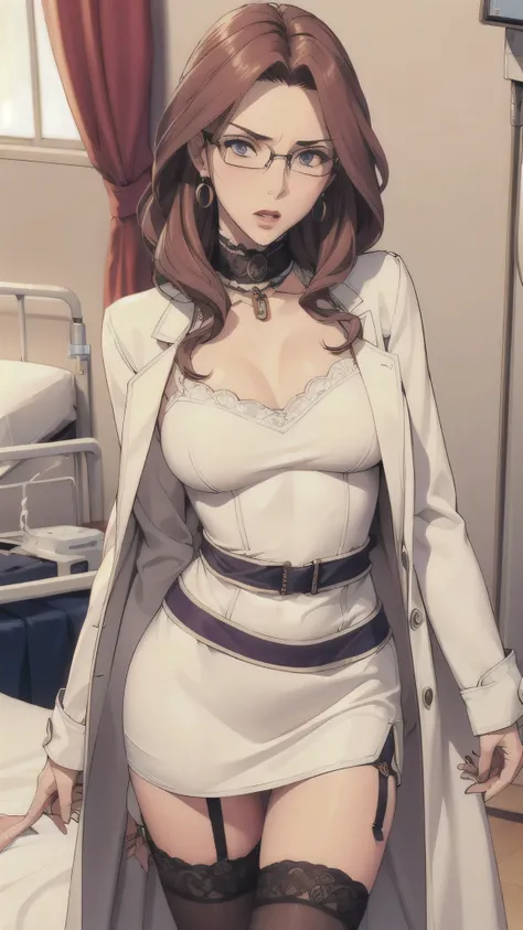 (((Strict look))),((white coat)),((How to wear a strict uniform)),((High-end hospital)),((luxury hospital bed)),(( round glasses)),((tight miniskirt)),,(((blouse))), ((embarrassing expression)),Ultra High Definition , mature woman, mature woman, very well ...