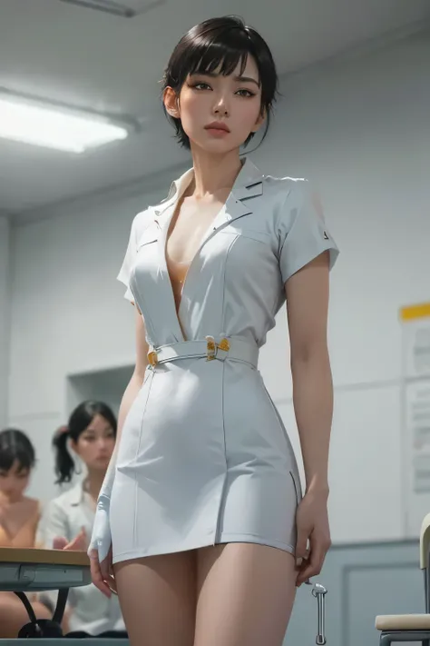 close up, Chaeryeong Asian, short sleek edgy hair and bangs, (sci fi), (Luis Ricardo Falero painting, edgy painting, masterpiece)(small breasts)(detailed face) (sad looking up)(wearing white lab coat)(wearing medical scrubs)(working in lab),(standing by in...