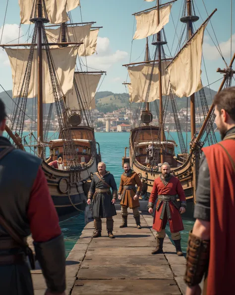 Create a highly detailed, ultra-realistic panoramic scene using Unreal Engine 5, capturing a vibrant medieval Viking merchant sailing ship. Focus on a symmetrically balanced composition featuring several joyful Viking sailors interact on port scenery, smil...