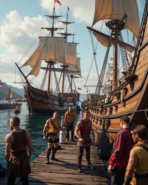 Create a highly detailed, ultra-realistic panoramic scene using Unreal Engine 5, capturing a vibrant medieval Viking merchant sailing ship. Focus on a symmetrically balanced composition featuring several joyful Viking sailors interact on port scenery, smil...