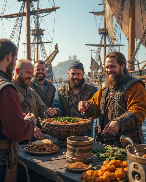 Create a highly detailed, ultra-realistic panoramic scene using Unreal Engine 5, capturing a vibrant medieval Viking merchant sailing ship. Focus on a symmetrically balanced composition featuring several joyful Viking sailors interact on port scenery, smil...