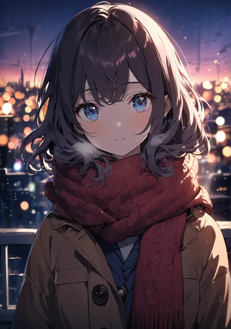 A high school girl with dark brown, straight medium-length hair and deep blue eyes stands at a meeting spot on a cold winter evening. Her clear and sensual eyes gaze forward with a proud expression, looking viewer, worm smile, as if she has been waiting fo...