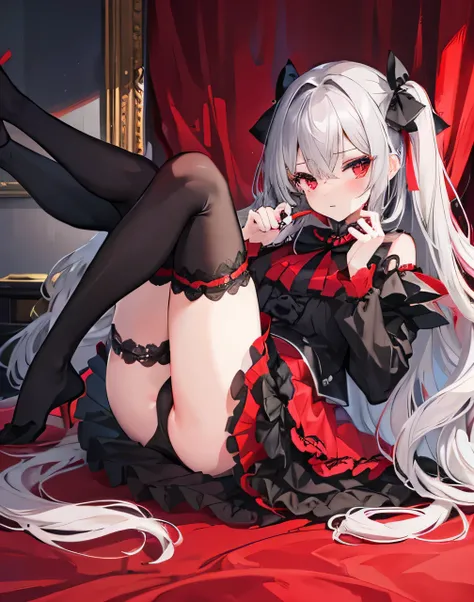 1girl,dark grey messy hair,hair between eyes,blushing,hand covers red frilly skirt,black stockings, bedroom, red, black, castle