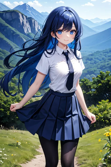 royal blue hair, long hair, straight hair, (light people eyes), smile, medium breasts, white t-shirt, black necktie, ((blue pleated skirt)), (black leggings), mountain, camera