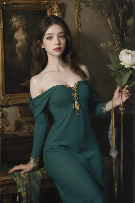 (oil painting:1.5),
\\
a woman with ( long curtly hair ), ((green eyes)) winter, peony, (amy sol:0.248), nude , with blue dress,  (stanley artgerm lau:0.106), (a detailed painting:0.353), (gothic art:0.106)