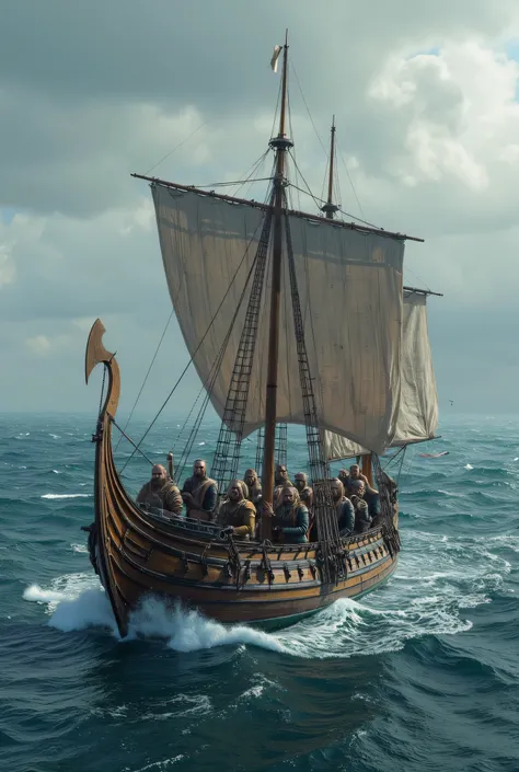 **Prompt:** Design a breathtakingly detailed landscape scene depicting a Viking seafaring navy army navigating the long wooden war boat on the tumultuous waters of the medieval North Sea. Showcase hyper-realism in the composition, featuring a long size Vik...