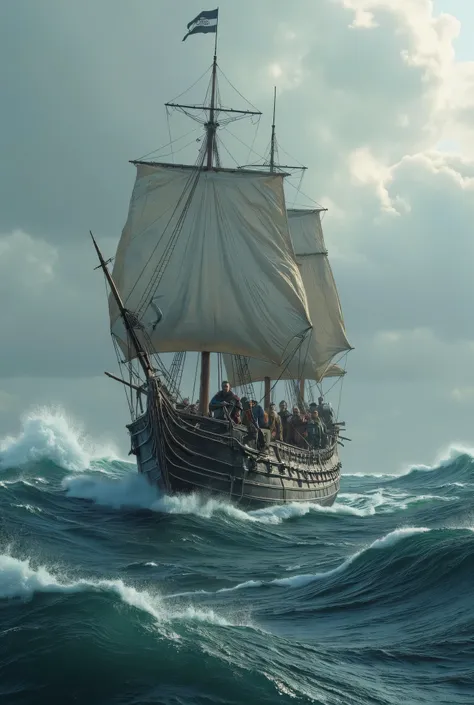 **Prompt:** Design a breathtakingly detailed landscape scene depicting a Viking seafaring navy army navigating the long wooden war boat on the tumultuous waters of the medieval North Sea. Showcase hyper-realism in the composition, featuring a long size Vik...