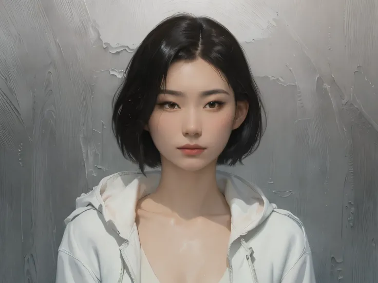 close up, Chaeryeong Asian, short sleek edgy hair and bangs, (Luis Ricardo Falero painting, edgy painting, masterpiece)(small breasts)(detailed face) (sad looking up)(wearing white lab hooded coat)(wearing white one piece suit underneath)(standing by indoo...