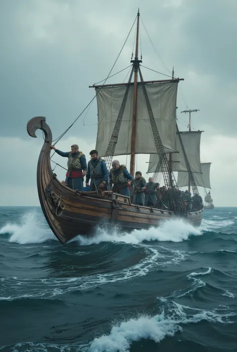 **Prompt:** Design a breathtakingly detailed landscape scene depicting a Viking seafaring navy army navigating the long wooden war boat on the tumultuous waters of the medieval North Sea. Showcase hyper-realism in the composition, featuring a long size Vik...