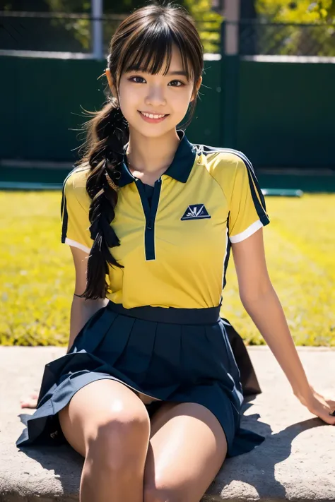 A 22-year-old East Asian woman named Luana, with expressive brown eyes and long black hair with bangs. tennis girl, wearing tennis uniforms, sneakers, natural makeup, natural ponytail, sweet smile, sexual attractive, sitting and relaxing, lift up skirt, sp...