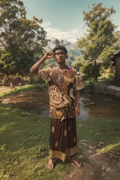 1boy, brown skin, glasses, batik and sarong traditional clothes, candid, black eyes, in the top of the hill, standing, looking at the village in the  valey, camera drone, high res, ultrasharp, 8K, masterpiece