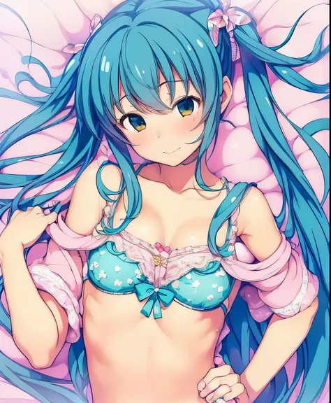 ( masterpiece、Highest quality、Highest quality、Official Art、 beautiful and beautiful :1.2)、(one girl:1.3) Hatsune Miku、twin tails,beautiful breasts,is cute,  fluffy off-shoulder pajamas,  make a big heart with both hands ,  Pose with your arms in front of y...