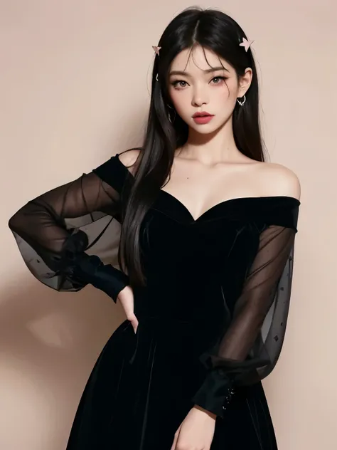 Kim Jennie with dark black hair, with curlers at the ends of dark black hair, with a star clip in her dark black hair, light colored eyes, pretty eyes, crying eyes, pretty, upturned nose, Pretty lips, pink lips, heart and cupid shaped lip, pretty skin, pal...