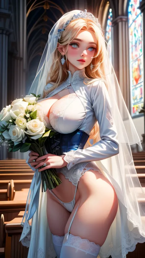 ((beautiful russian bride in wedding day)) (()) ((very intense blue pupil eyes)) ((dark eyeshadows make up)) (()) ((red lips)) ((straight long blonde hair)) ((big breast:1.5)) ((skinny body:1.3)) ((long sleeves white corset with, white lace tiny thong bott...