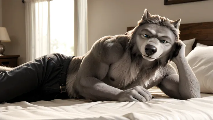 WinstonAO, wolf, old wolf, blue eyes, solo, detailed, detailed face, anthro, male, adult, muscular, heavyweight body, mass, shirtless, (detailed fur, correct lighting, correct shadows), dim room, sweet smile, gentle face, bedroom eyes, on bed, laying on be...